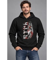 Kırmızı Beyaz Göktürk Kurt Baskılı Siyah Kapüşonlu Cepsiz Sweatshirt