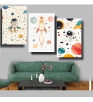 3 LÜ TASARIM ÇOCUK ODASI ASTRONOT VE GALAKSİ Ev Duvar Salon Güzellik Salonu Ofis Dükkan Dekarasyon Kanvas Tablo (Çok Renkli)