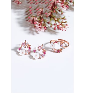 Orkide Ve Renkli Taşlı Küpe ve Yüzük 14 K Rose Altın Kaplama Kadın Set