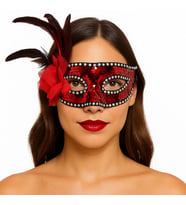 Kırmızı Renk Yandan Tüylü Güllü Gümüş Taşlı Pullu Maske 20x22 cm
