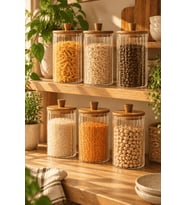 Atbyhome 6'lı Akasya Ahşap Kapaklı Çizgili Cam Kavanoz 1160 ml - Vakumlu Erzak Ve Bakliyat Kabı