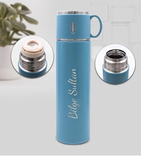 Kişiye Özel Mavi Bardaklı 580 ML Çelik Termos