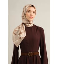Çiçek Desenli Saf İpek Sura Eşarp 9304 (Vizon)
