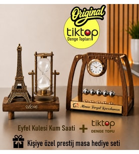 Kişiye Özel İsimli Saatli Masa Üstü Newton Denge Topları Eyfel Kulesi Kum Saati