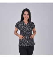 Unisex Otantik Desenli Esnek Likralı Doktor Hemşire Scrubs Cerrahi  Tek Üst Forma (Siyah)