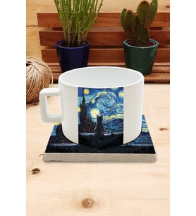 Kediler ve Sanat/Van Gogh Yıldızlı Gece The Starry Night Set 4 - Fincan Kupa-Taş Bardak Altlığı 1