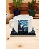 Kediler ve Sanat/Van Gogh Yıldızlı Gece The Starry Night Set 4 - Fincan Kupa-Taş Bardak Altlığı 1