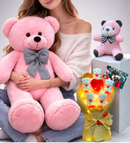 Pembe Büyük Peluş Ayıcık, Kişiye Özel Fotoğraflı Led Işıklı Buket ve Anahtarlık Seti (Model 3)