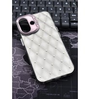 iPhone 16 Uyumlu Baklava Desenli Pırlanta Taşlı Sert Kapak Kılıf Gri