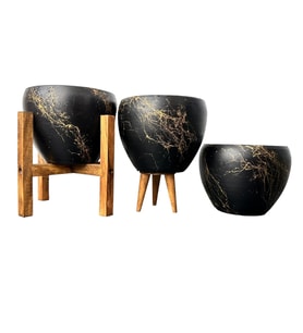 Bitki Tasarımı Siyah Üzeri Gold Mermer Efektli Toprak Saksı Saksılık Salon Çiçeklik Üçlü Set - 15 Cm