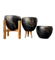 Bitki Tasarımı Siyah Üzeri Gold Mermer Efektli Toprak Saksı Saksılık Salon Çiçeklik Üçlü Set - 15 Cm