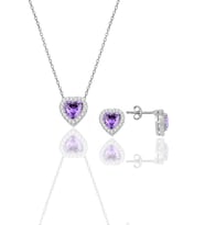 Gümüş rodyumlu ametis taşlı pırlanta modeli kalp kolye ve küpe ikili set SGTL10139MOR
