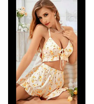 Fantezia Night Kadın Çiçekli Ekru Askılı Şortlu Pijama Takım 5017