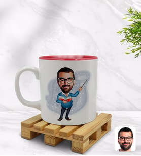 BK Gift Kişiye Özel Erkek Öğretmen Karikatürlü İçi Kırmızı Renkli Kupa Bardak Model 2