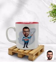 BK Gift Kişiye Özel Erkek Öğretmen Karikatürlü İçi Kırmızı Renkli Kupa Bardak Model 2