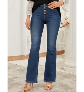 Kadın Yüksek Bel önden Düğmeli Cep Detay Ispanyol Paça Denim Pantolon (Mavi)