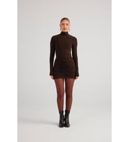 Balıkçı Yaka Büzgülü Mini Tami Elbise Kahve