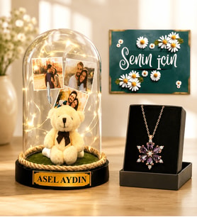 Kişiye Özel İsimli 3 Fotoğraflı LED Işıklı Peluş Ayıcıklı Fanus ve Gerçek Ametist Taşlı Lotus Kolye