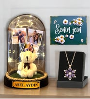 İsimli 3 Fotoğraflı Işıklı Fanus ve Gerçek Ametist Taşlı Lotus Kolye (Model 1)