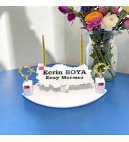 Sümen Ofis Doğal Beyaz Mermer İsimlik Haritalı Gold Çift Kalem , Çift Dikme Ay Yıldız