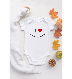 Organik %100 Pamuk Kısa Kollu Beyaz Gülen Yüz Smiley Bebek Body Bebek Badi Çıtçıtlı Zıbın