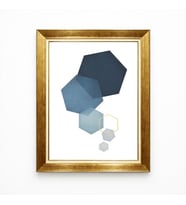 Tablore Modern Geometrik Altıgen Tasarım Mavi Tonlu Altın Çerçeveli Salon Tablosu