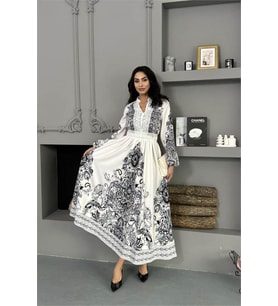 Neşeli butik kadın siyah güpür detaylı atlas kumaş desenli ithal elbise NBMS25109
