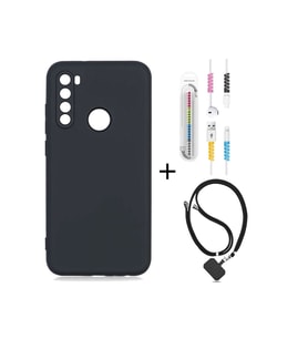 Xiaomi Redmi Note 8 Kılıf Siyah Silikon+kablo Koruyucu+boyun Askısı