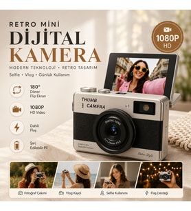 Retro Mini Dijital Kamera 1080P HD – 180° Döner Ekran, Selfie Vlog Kamerası, Dahili Flaş ve Filtre Efektleri