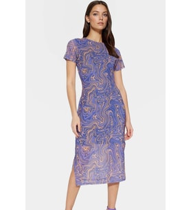 Kadın Midi Boy Tül Elbise Soyut Desenli Bisiklet Yaka Bodycon Modern Stil Günlük Kombinler