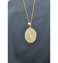 925 Ayar Gümüş Gold Rodyum Kaplama Incili Ay Yıldız Plaka Kolye