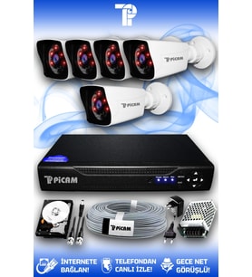 PICAM 5 Kameralı Kare 5 Dış Kamera Set 2 TB HDD Full HD Gece Görüşlü Güvenlik Kamerası Sistemi