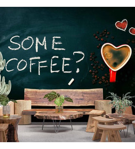 Kahve Bardağı ve Yazı Temalı Cafe Duvar Kağıdı Baskı