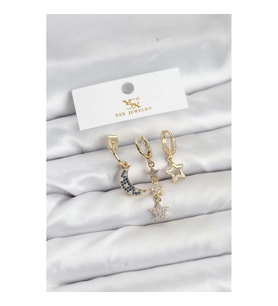 Mey İthalat® Pirinç Gold Renk Zirkon Taşlı Ay ve Yıldız Model YSX Trio Küpe Seti