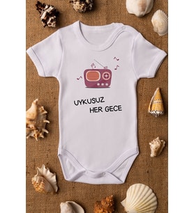 Unisex Bebek Uykusuz Her Gece Baskılı Beyaz %100 Pamuklu Zıbın