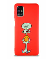 Samsung Galaxy M51 Soft Premier Kapak Squidward Dokunaç Tasarımlı Silikon Kılıf - Kırmızı (Şeffaf)