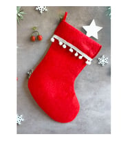 Yılbaşı Noel Çorabı Kesesi - Kırmızı Keçe, Ponponlu Şömine Süsü 30 cm x 22 Cm