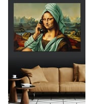 Telefonla Konuşan Mona Lisa Dekoratif Kanvas - Mdf Ahşap Tablo