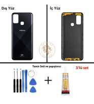 Infinix Hot 9 Play Siyah Uyumlu Arka Kapak + Yapıştırıcı ve Vida Seti Arka Cam Batarya Pil Kapağı