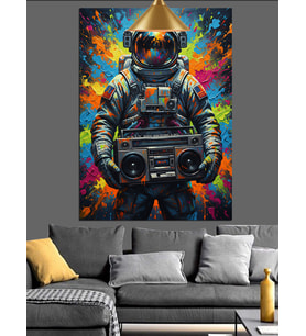 Müzik Seti Taşıyan Astronot Retro Dekoratif Kanvas - Mdf Ahşap Tablo