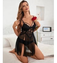 Beleng Kadın Dantel ve Tül Detaylı Yanları Yırtmaçlı Fantezi Gecelik/Babydoll -6066/6065 (Siyah)