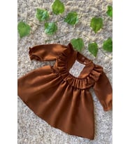 Fırfır Ve Dantel Detaylı Vintage Krep Tasarım Kız Çocuk Bebek Kahverengi Elbise