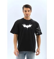 ERKEK Bisiklet yaka tişort Ön ve Kol YARASA Baskılı T-shirt - Siyah