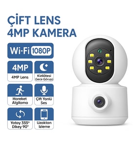 WiFi 4MP Çift Lens Güvenlik Kamerası – Gece Görüşlü, Hareket Algılamalı, İki Yönlü Sesli
