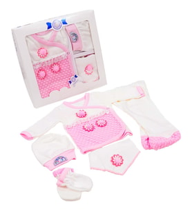 Hastane Çıkışı Kız Bebek Kıyafeti Yeni Doğan Bebek Hediyesi 5 Parça Bebek Tulum Elbise Giyim Set (Beyaz-Pembe)