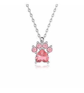 Pembe Taşlı Kedi Patisi Beyaz Gümüş Kolye