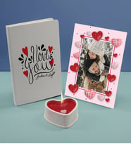 BK Gift Sevgililere Özel Beyaz Defter Dekoratif Çerçeve ve Kalp Taş Obje Kokulu Mum Hediye Seti-13, Sevgiliye Hediye, Sevgililer Günü