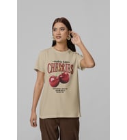 Unisex Erkek/Kadın CHERRIES Özel Baskılı Oversize Pamuklu Bisiklet Yaka T-Shirt (Bej)