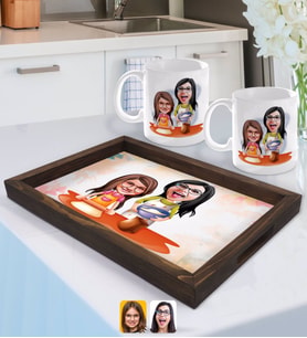 BK Gift Kişiye Özel Anne Kız Karikatürlü Doğal Ahşap Tepsi ve 2’li Kupa Bardak Seti-2