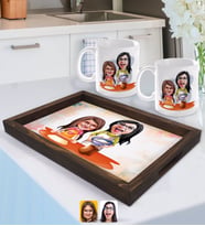 BK Gift Kişiye Özel Anne Kız Karikatürlü Doğal Ahşap Tepsi ve 2’li Kupa Bardak Seti-2